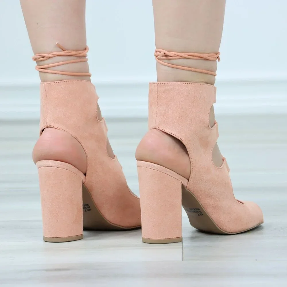 Peach Lace-Up Heels Cutout Open Toe Chunky Heel Sandals Faux Suede